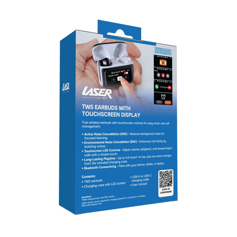 laser tws earbuds anc with touch display black
