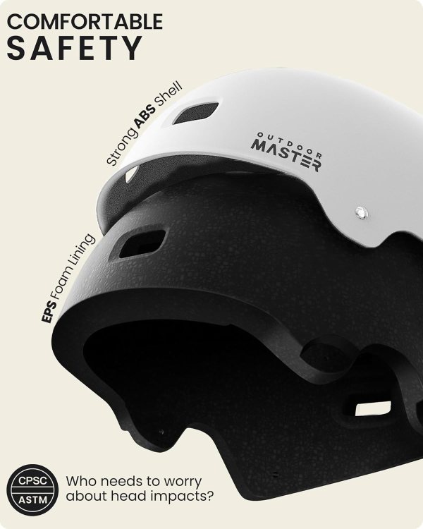 outdoormaster skateboard bike helmet for adults &youth multi sport certified impact resistant with 2 removable liners & ventilation for scooter, skating white large