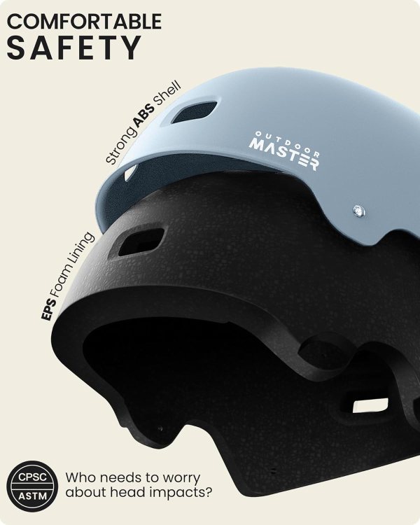 outdoormaster skateboard bike helmet for adults &youth multi sport certified impact resistant with 2 removable liners & ventilation for scooter, skating matte crystal blue medium