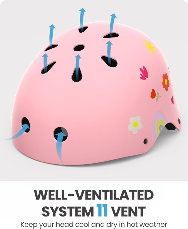 outdoormaster youth & kids bike helmet adjustable multi sports skateboard helmet with removable liners for balance bike, kids scooter, one wheel hoverboard pink flower small