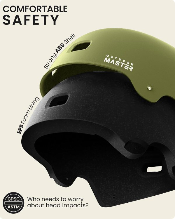 outdoormaster skateboard bike helmet for adults &youth multi sport certified impact resistant with 2 removable liners & ventilation for scooter matte adventure green white small