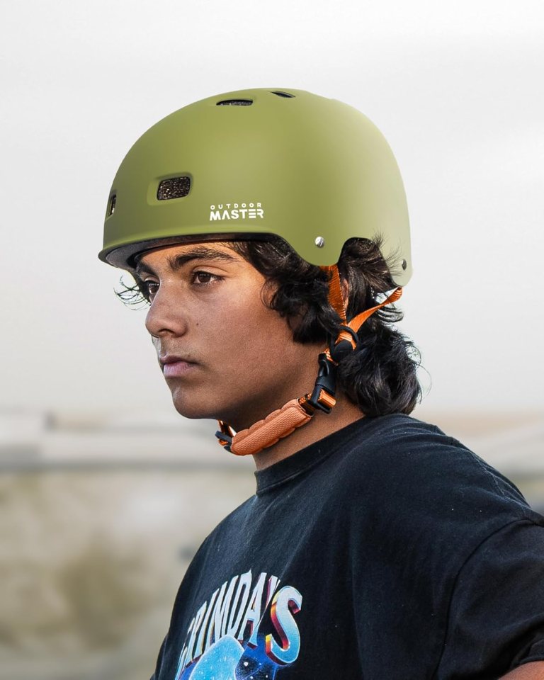 outdoormaster skateboard bike helmet for adults &youth multi sport certified impact resistant with 2 removable liners & ventilation for scooter matte adventure green white small