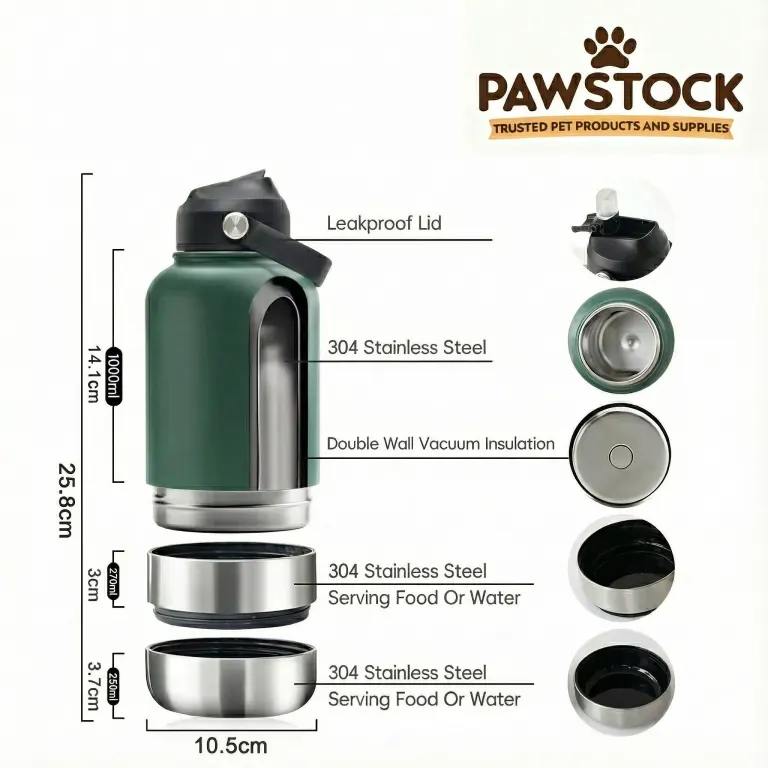 pawstock 3 in 1 insulated dog water bottle with dual bowls – 1l stainless steel travel bottle aqua