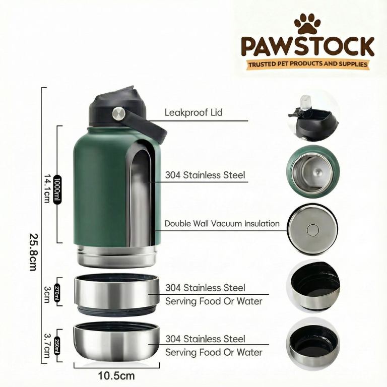 pawstock 3 in 1 insulated dog water bottle with dual bowls – 1l stainless steel travel bottle rainforest green