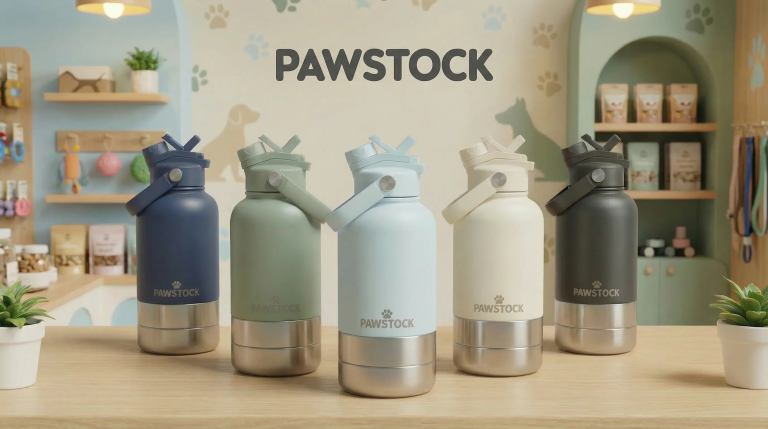 pawstock 3 in 1 insulated dog water bottle with dual bowls – 1l stainless steel travel bottle rainforest green