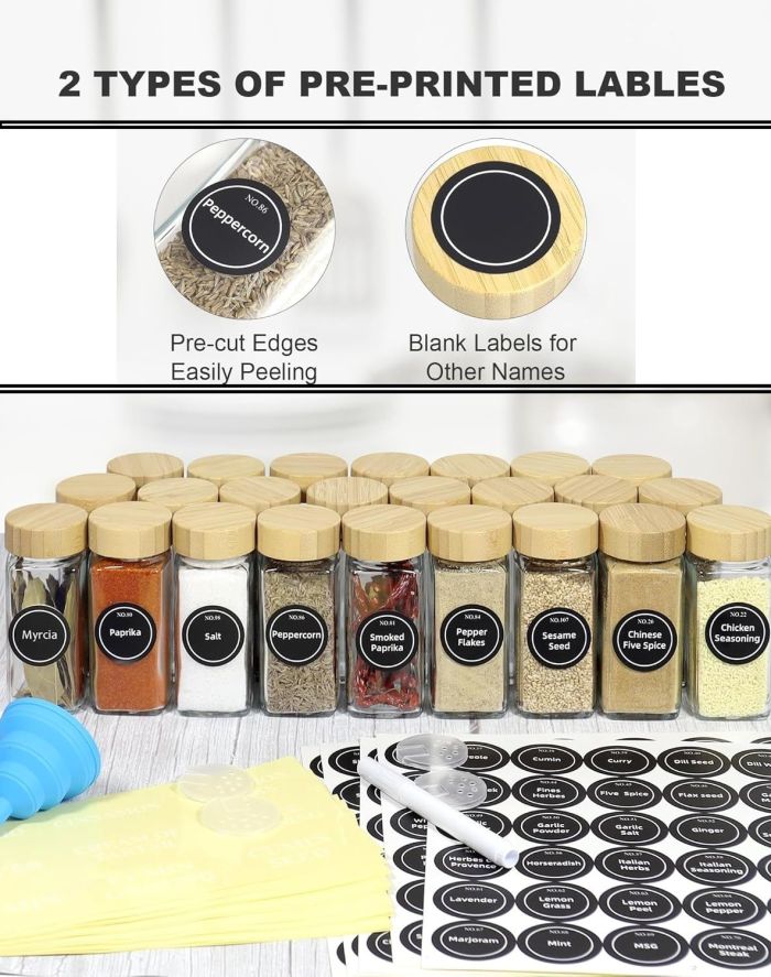 carla home 24 glass spice jars with bamboo lids, shaker tops, 180 spice labels, white pen & funnel for kitchen organization, spice rack, seasoning & herb storage carla home 24 glass spice jars with bamboo lids, shaker tops, 180 spice labels, white pen & funnel for kitchen organization, spice rack, seasoning & herb storage