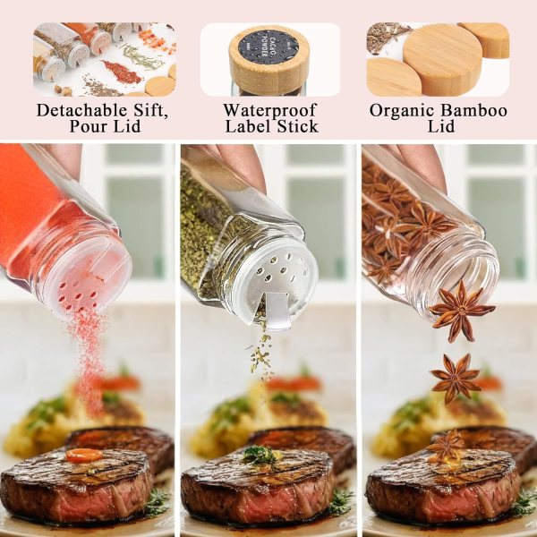 carla home 24 glass spice jars with bamboo lids, shaker tops, 180 spice labels, white pen & funnel for kitchen organization, spice rack, seasoning & herb storage