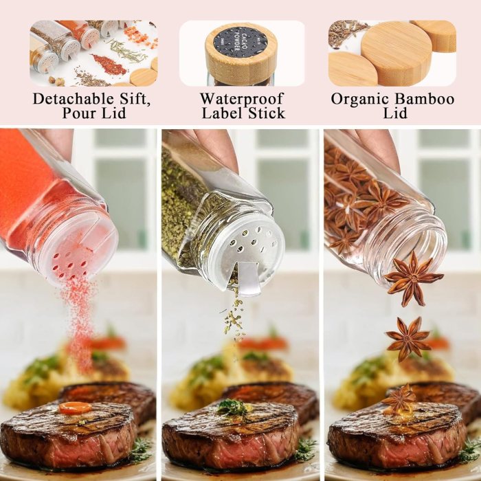 carla home 24 glass spice jars with bamboo lids, shaker tops, 180 spice labels, white pen & funnel for kitchen organization, spice rack, seasoning & herb storage carla home 24 glass spice jars with bamboo lids, shaker tops, 180 spice labels, white pen & funnel for kitchen organization, spice rack, seasoning & herb storage