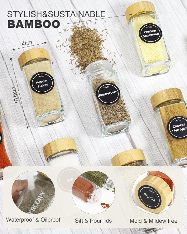 carla home 24 glass spice jars with bamboo lids, shaker tops, 180 spice labels, white pen & funnel for kitchen organization, spice rack, seasoning & herb storage