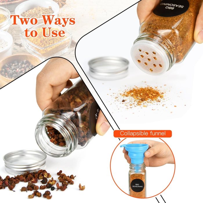 carla home 24 glass spice jars with lids, shaker tops, 180 spice labels, white pen & funnel for kitchen organization, spice rack, seasoning & herb storage