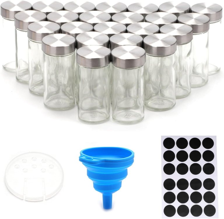 carla home 24 glass spice jars with lids, shaker tops, 180 spice labels, white pen & funnel for kitchen organization, spice rack, seasoning & herb storage carla home 24 glass spice jars with lids, shaker tops, 180 spice labels, white pen & funnel for kitchen organization, spice rack, seasoning & herb storage