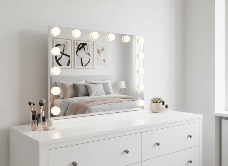 led beauty mirror with 14 bulbs, colour settings, usb a and usb c, white, 50 × 42cm