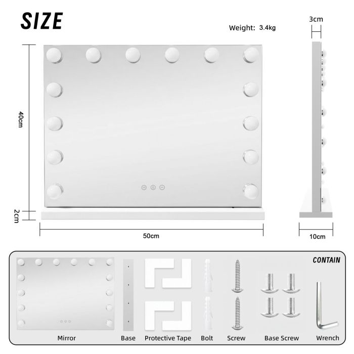 led beauty mirror with 14 bulbs, colour settings, usb a and usb c, white, 50 × 42cm led beauty mirror with 14 bulbs, colour settings, usb a and usb c, white, 50 × 42cm