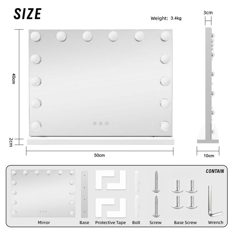 led beauty mirror with 14 bulbs, colour settings, usb a and usb c, white, 50 × 42cm