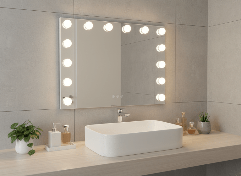 led beauty mirror with 14 bulbs, colour settings, usb a and usb c, white, 50 × 42cm
