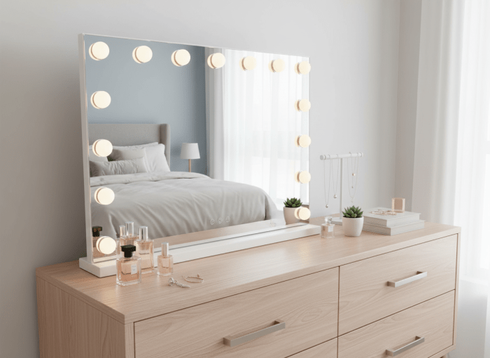 led beauty mirror with 15 bulbs, colour settings, usb a and usb c, white, 58 × 48cm led beauty mirror with 15 bulbs, colour settings, usb a and usb c, white, 58 × 48cm