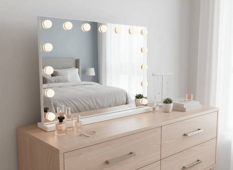 led beauty mirror with 15 bulbs, colour settings, usb a and usb c, white, 58 × 48cm