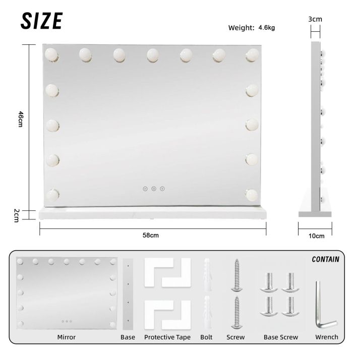 led beauty mirror with 15 bulbs, colour settings, usb a and usb c, white, 58 × 48cm led beauty mirror with 15 bulbs, colour settings, usb a and usb c, white, 58 × 48cm