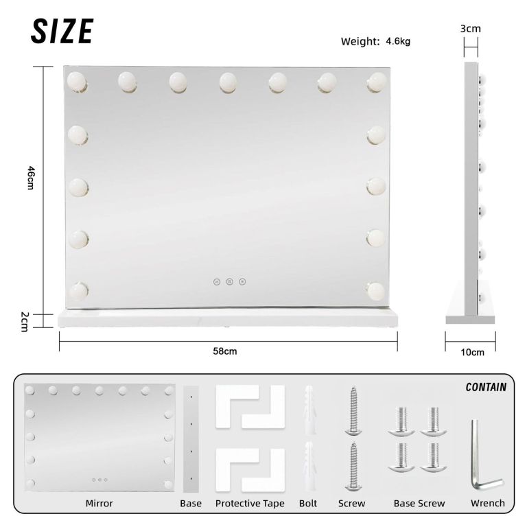 led beauty mirror with 15 bulbs, colour settings, usb a and usb c, white, 58 × 48cm