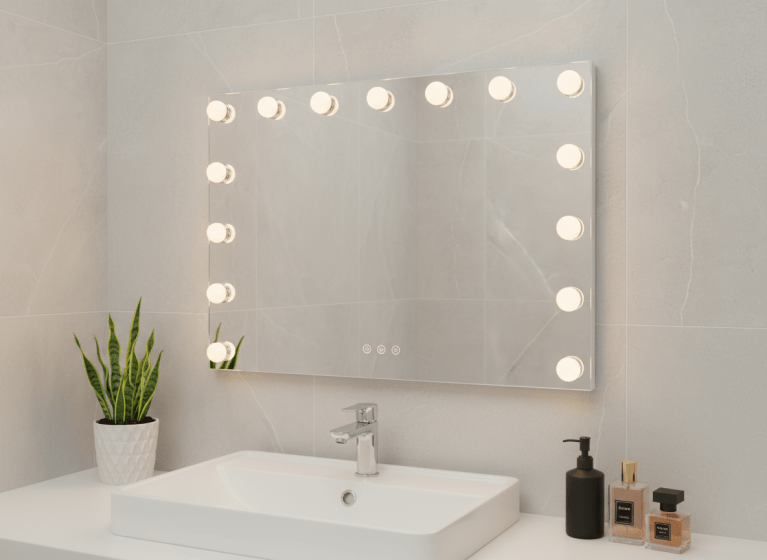led beauty mirror with 15 bulbs, colour settings, usb a and usb c, white, 58 × 48cm