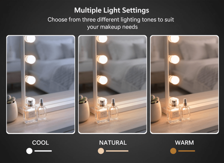 led beauty mirror with 15 bulbs, colour settings, usb a and usb c, white, 58 × 48cm