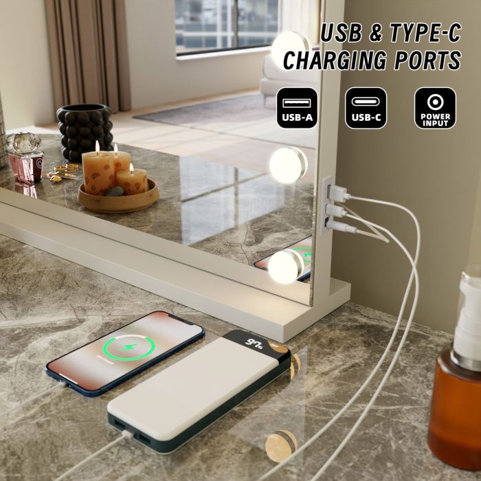 led beauty mirror with 15 bulbs, colour settings, usb a and usb c, white, 58 × 48cm led beauty mirror with 15 bulbs, colour settings, usb a and usb c, white, 58 × 48cm