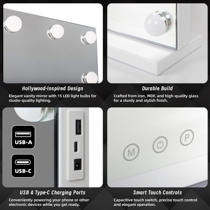 led beauty mirror with 15 bulbs, colour settings, usb a and usb c, white, 58 × 48cm led beauty mirror with 15 bulbs, colour settings, usb a and usb c, white, 58 × 48cm