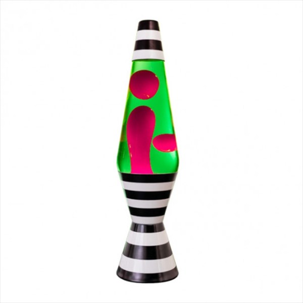 Green and pink lava lamp with striped base