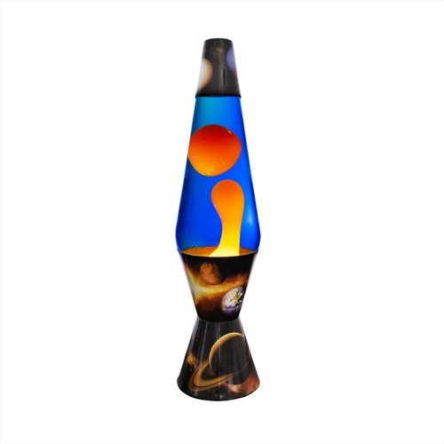 Space-themed lava lamp with blue and orange wax