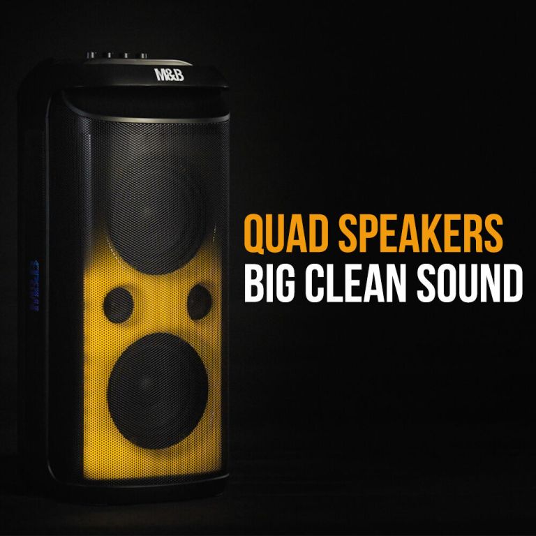 m&b portable splash proof 120w bluetooth party speaker with karaoke microphone, ipx4, tws pairing, multi input, lithium battery, rgb, usb charging