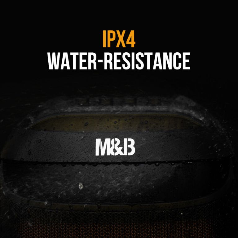 m&b portable splash proof 120w bluetooth party speaker with karaoke microphone, ipx4, tws pairing, multi input, lithium battery, rgb, usb charging