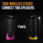 m&b portable splash proof 120w bluetooth party speaker with karaoke microphone, ipx4, tws pairing, multi input, lithium battery, rgb, usb charging