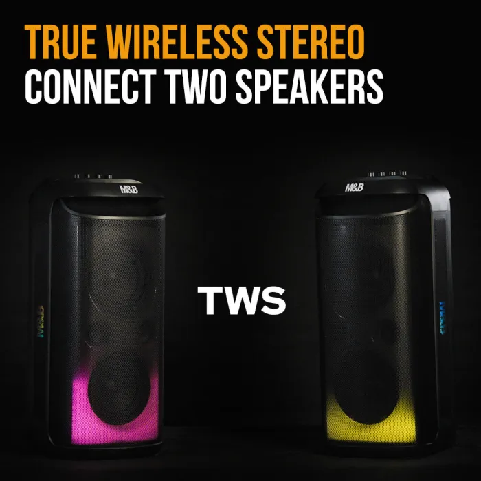 m&b portable splash proof 120w bluetooth party speaker with karaoke microphone, ipx4, tws pairing, multi input, lithium battery, rgb, usb charging m&b portable splash proof 120w bluetooth party speaker with karaoke microphone, ipx4, tws pairing, multi input, lithium battery, rgb, usb charging