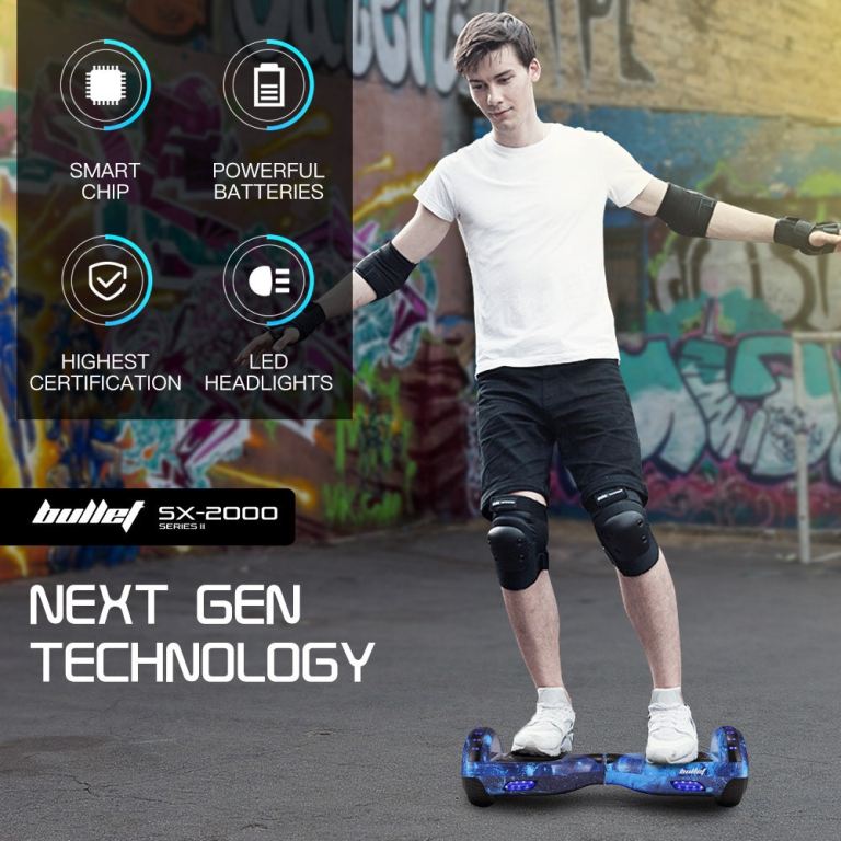 bullet sx 2000 hoverboard scooter, 500w brushless, superior self balancing system, ul certified, led lights, blue galaxy