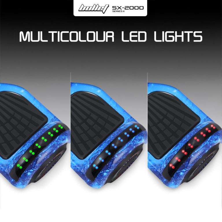 bullet sx 2000 hoverboard scooter, 500w brushless, superior self balancing system, ul certified, led lights, blue galaxy