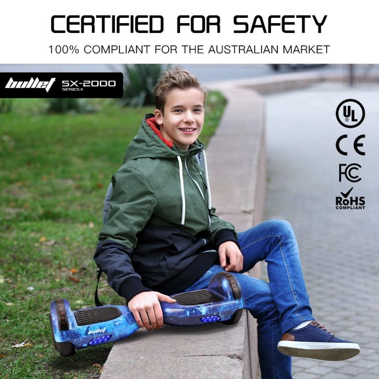 bullet sx 2000 hoverboard scooter, 500w brushless, superior self balancing system, ul certified, led lights, blue galaxy