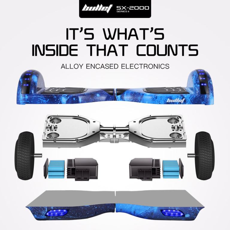 bullet sx 2000 hoverboard scooter, 500w brushless, superior self balancing system, ul certified, led lights, blue galaxy