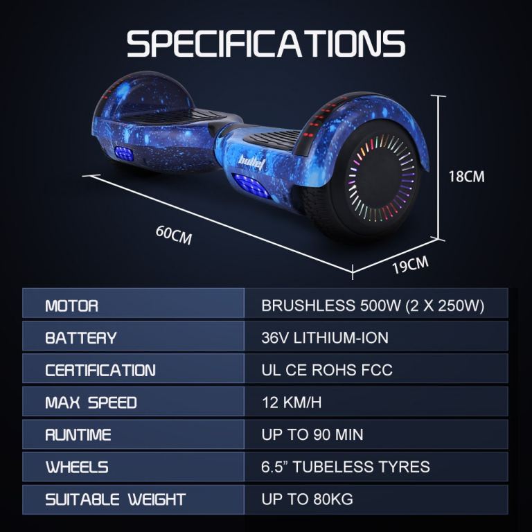 bullet sx 2000 hoverboard scooter, 500w brushless, superior self balancing system, ul certified, led lights, blue galaxy