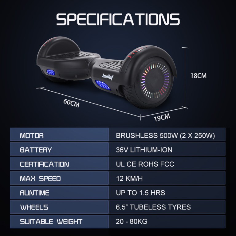 bullet sx 2000 hoverboard scooter, 500w brushless, ul certified, au compliant, superior self balancing system, led lights, black