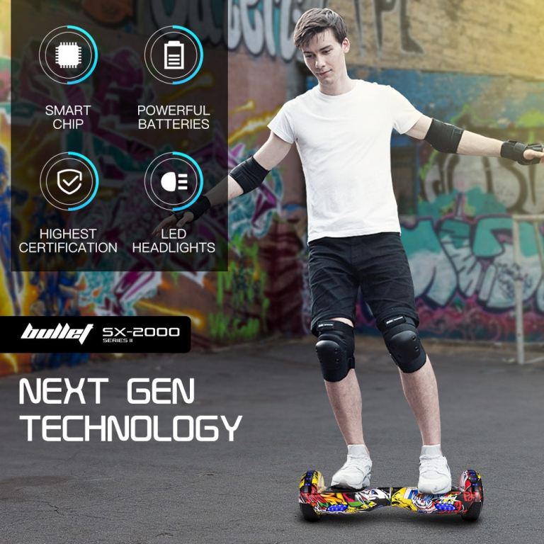 bullet sx 2000 hoverboard scooter, 500w brushless, ul certified, au compliant, superior self balancing system, led lights, hip hop design