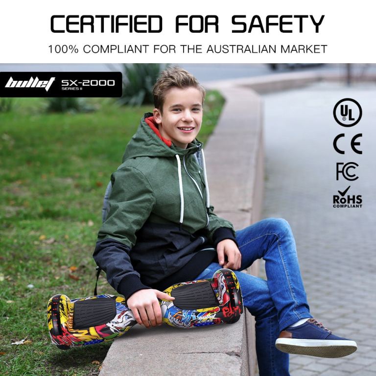 bullet sx 2000 hoverboard scooter, 500w brushless, ul certified, au compliant, superior self balancing system, led lights, hip hop design