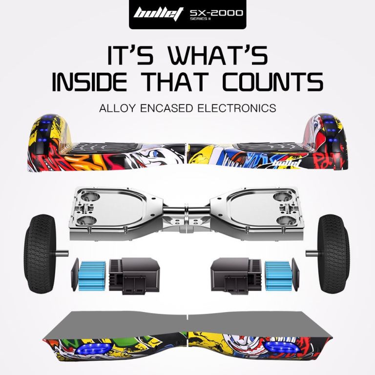 bullet sx 2000 hoverboard scooter, 500w brushless, ul certified, au compliant, superior self balancing system, led lights, hip hop design