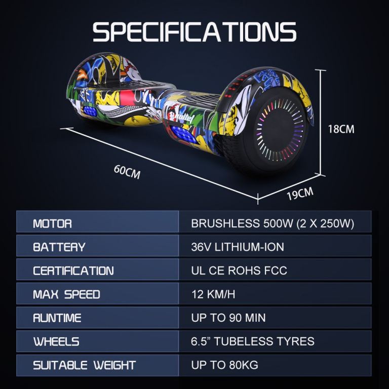 bullet sx 2000 hoverboard scooter, 500w brushless, ul certified, au compliant, superior self balancing system, led lights, hip hop design