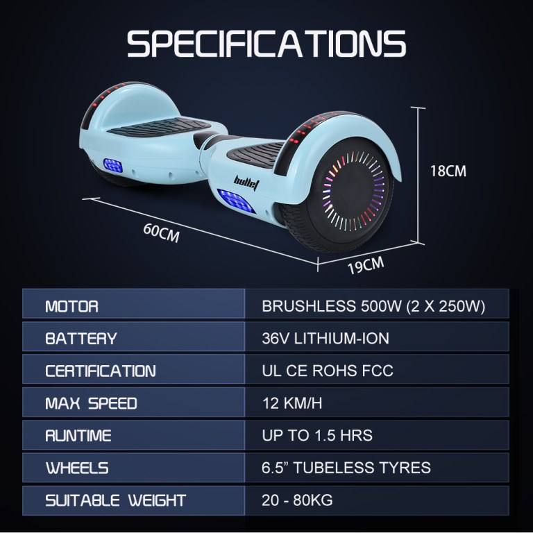 bullet sx 2000 hoverboard scooter, 500w brushless, ul certified, au compliant, superior self balancing system, led lights, mint green