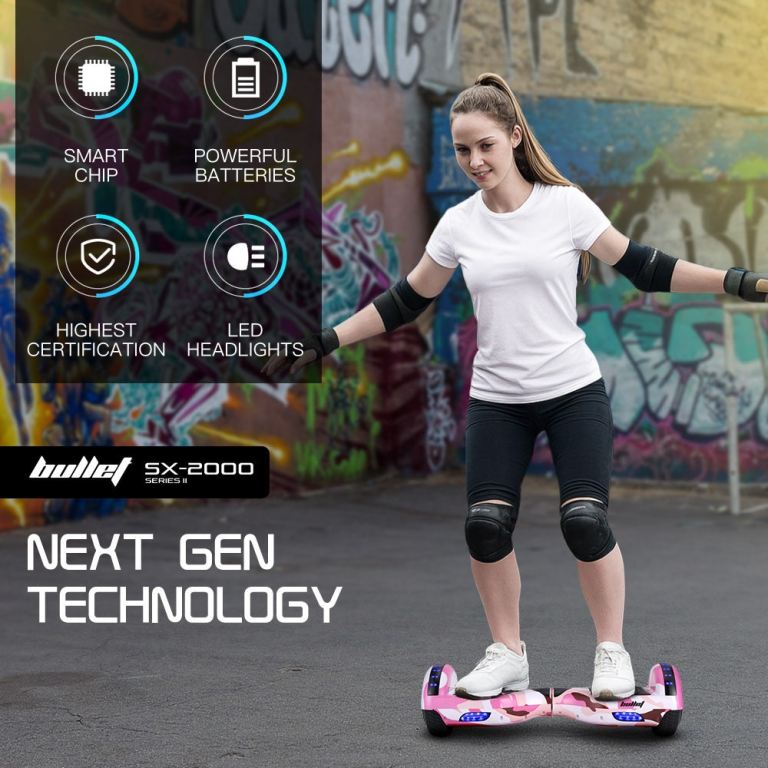 bullet sx 2000 hoverboard scooter, 500w brushless, ul certified, au compliant, superior self balancing system, led lights, pink camo