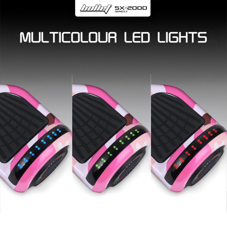 bullet sx 2000 hoverboard scooter, 500w brushless, ul certified, au compliant, superior self balancing system, led lights, pink camo