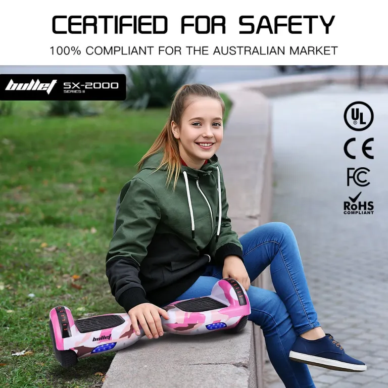 bullet sx 2000 hoverboard scooter, 500w brushless, ul certified, au compliant, superior self balancing system, led lights, pink camo