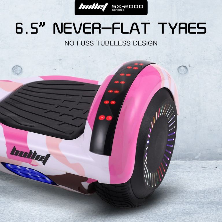 bullet sx 2000 hoverboard scooter, 500w brushless, ul certified, au compliant, superior self balancing system, led lights, pink camo