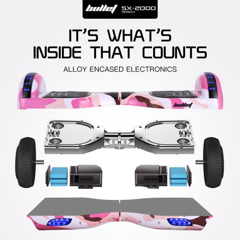 bullet sx 2000 hoverboard scooter, 500w brushless, ul certified, au compliant, superior self balancing system, led lights, pink camo