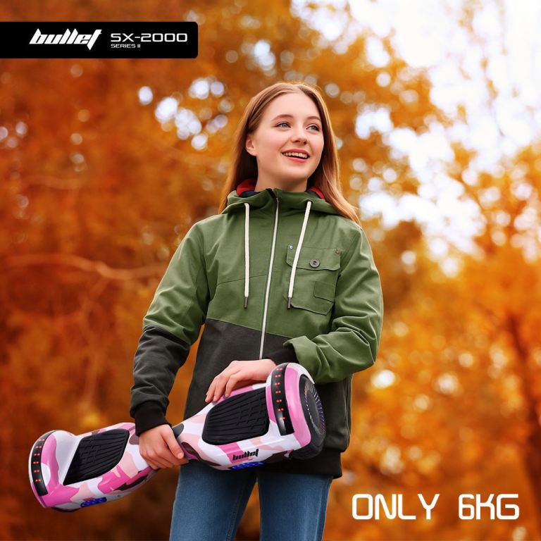 bullet sx 2000 hoverboard scooter, 500w brushless, ul certified, au compliant, superior self balancing system, led lights, pink camo